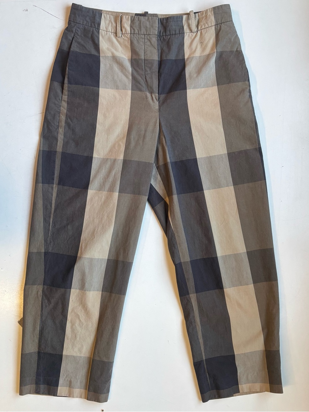 Theory khakis, oversize checkered pattern, cotton /silk blend